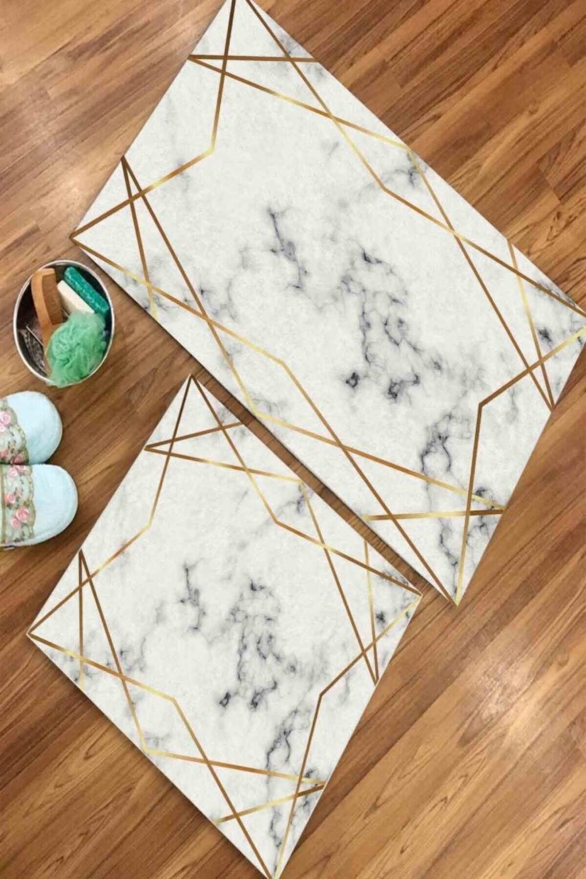 Checkered Striped Marble Patterned 2 Piece Bathroom Carpet Set (40x60/60x100) - Wly200 - Swordslife