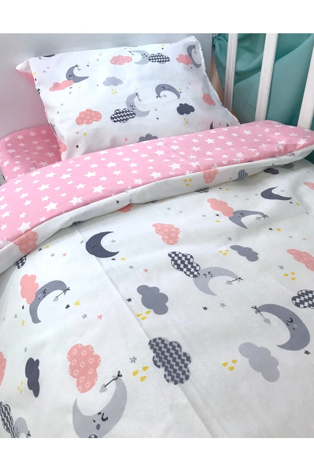 Kids Duvet Cover Set 90x190 For Bed Pink Gray Moon Cloud (without comforter)