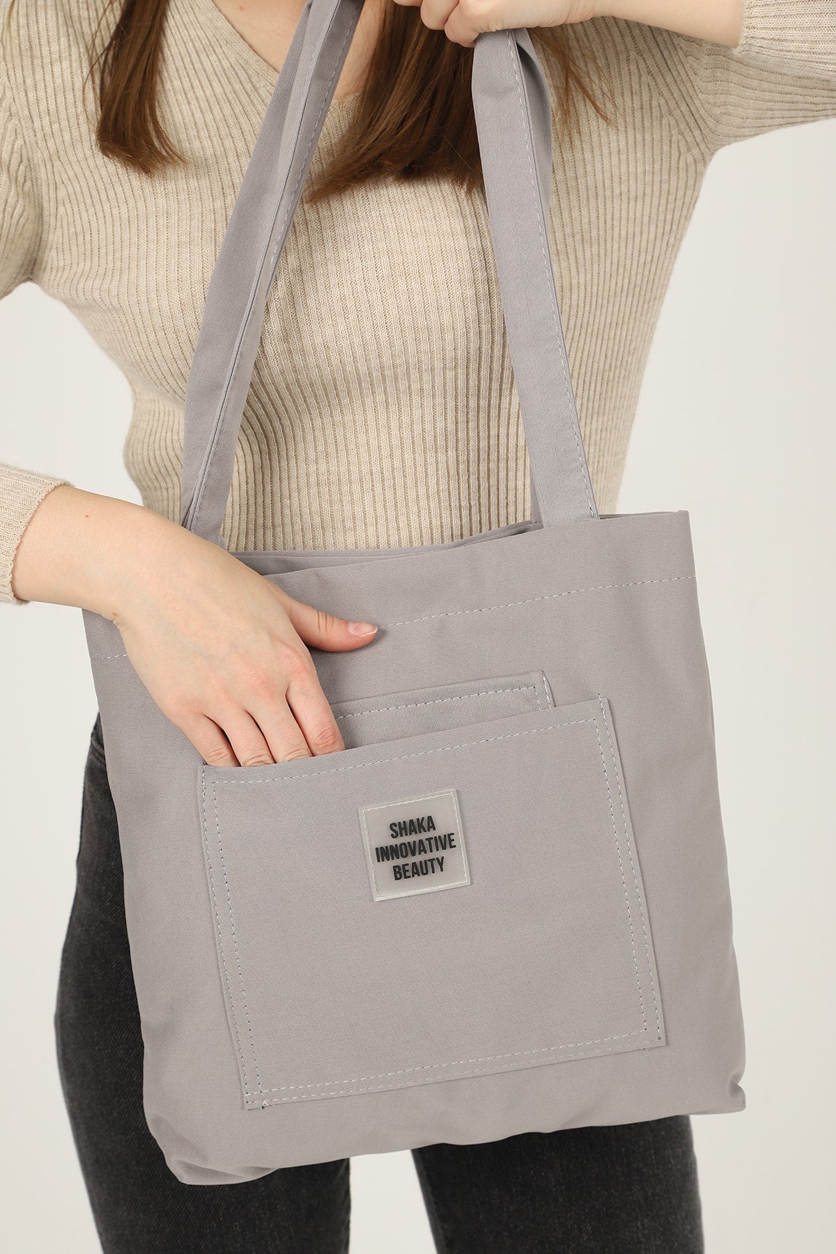 Gray U22 3-Compartment Front 2 Pocket Detailed Canvas Fabric Daily Women's Arm and Shoulder Bag B:35 E:35