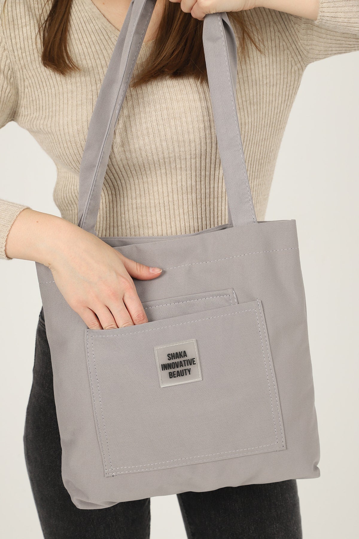 Gray U22 3-Compartment Front 2 Pocket Detailed Canvas Fabric Daily Women'S Arm And Shoulder Bag B:35 E:35