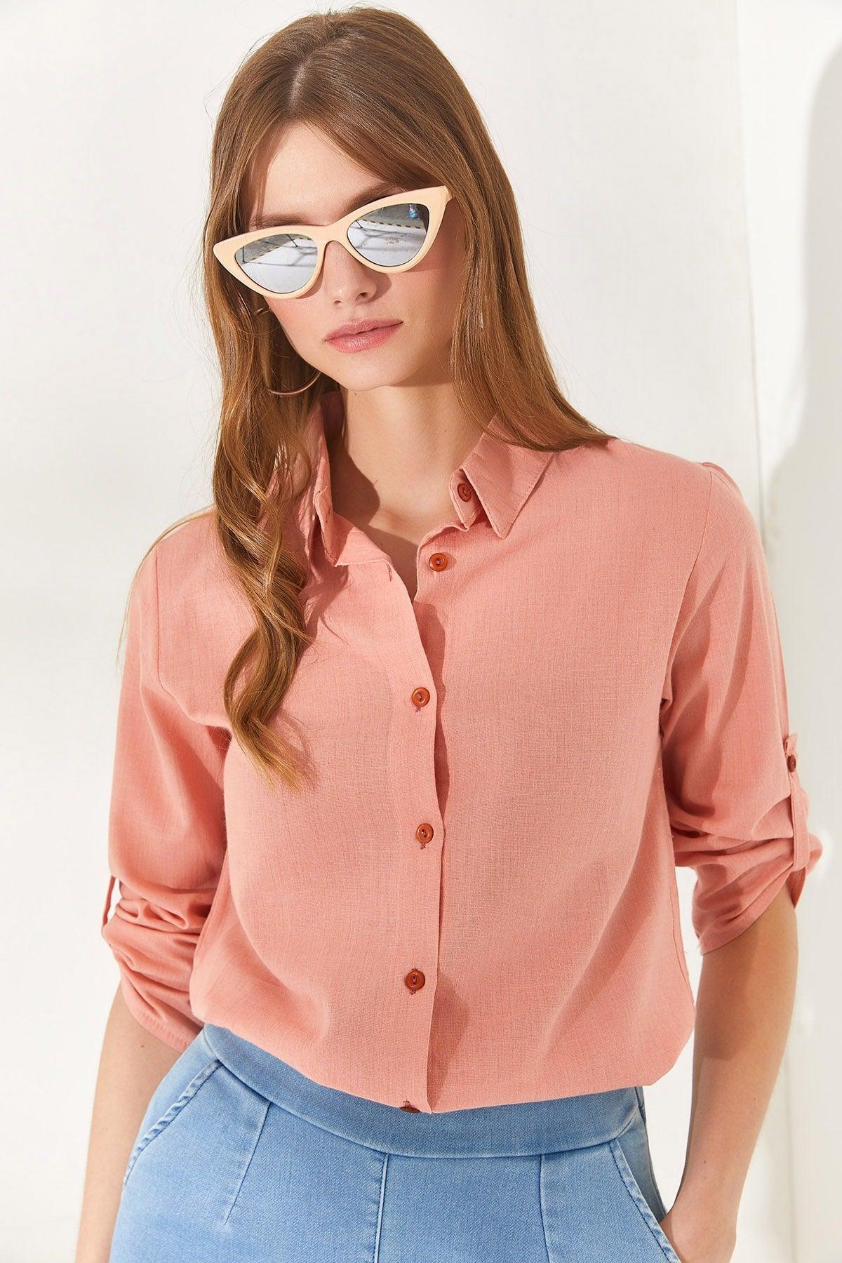 Women's Powder Sleeve Fold Linen Shirt GML-19000825 - Swordslife