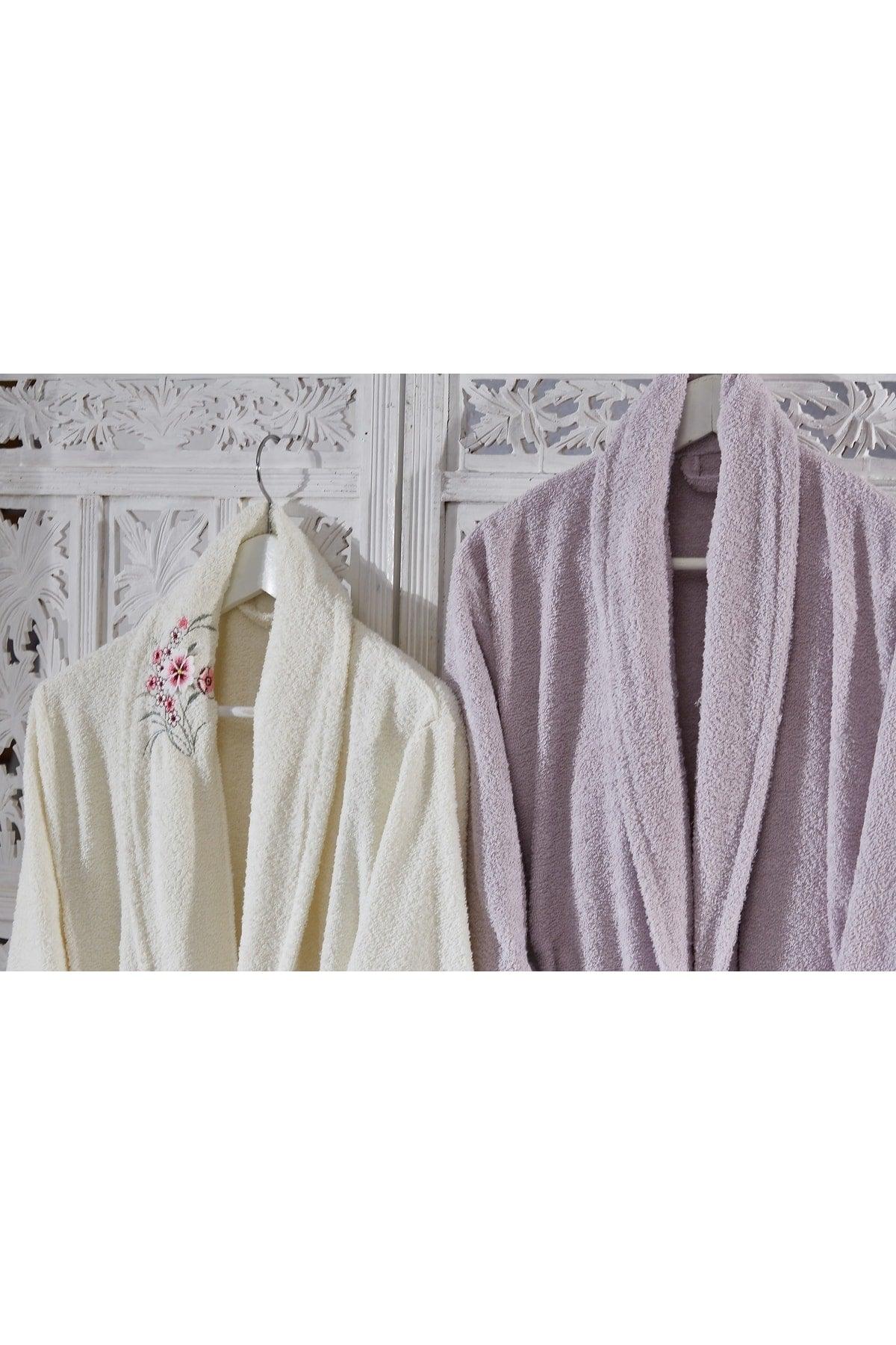 Family Embroidered Cream & Lilac Family Bathrobe Set 6 Pieces Dowry Women Men Bathrobes Bath Towel Set - Swordslife