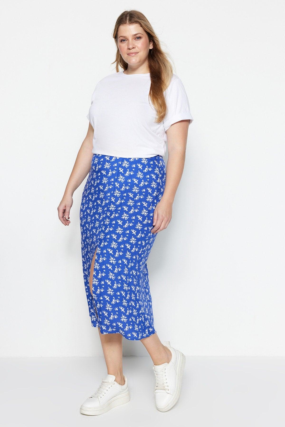 Blue Floral Patterned Woven Slit Viscose Skirt TBBAW23AZ00032 - Swordslife