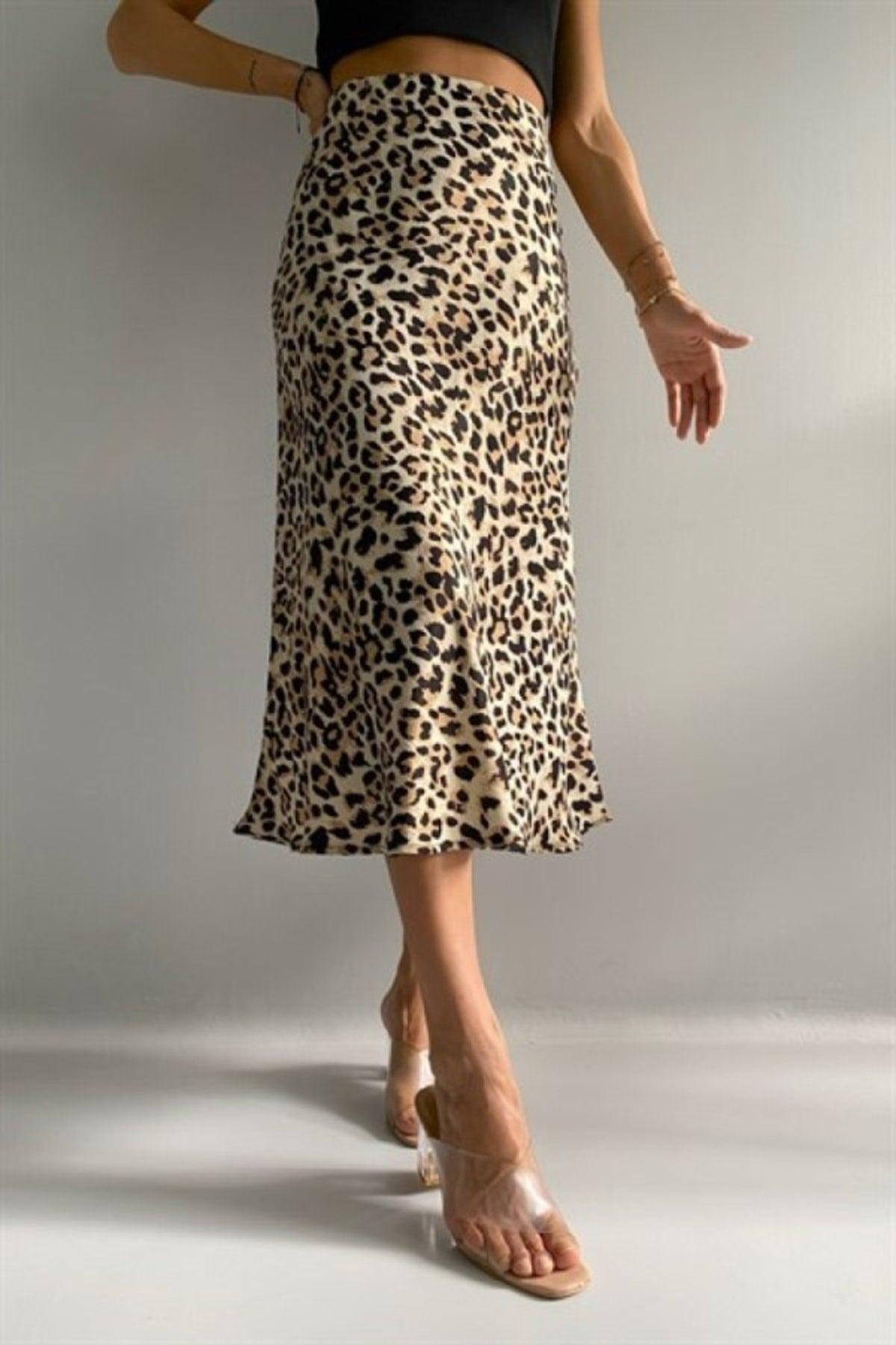 Summer Leopard Pattern Satin Midi Skirt - Patterned - Swordslife