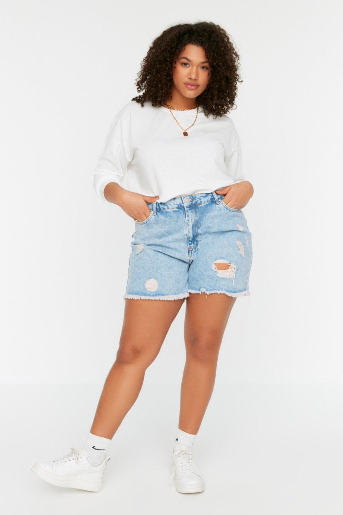 Blue High Waist Destroyed Denim Shorts & Bermuda TBBSS22SR0165 - Swordslife