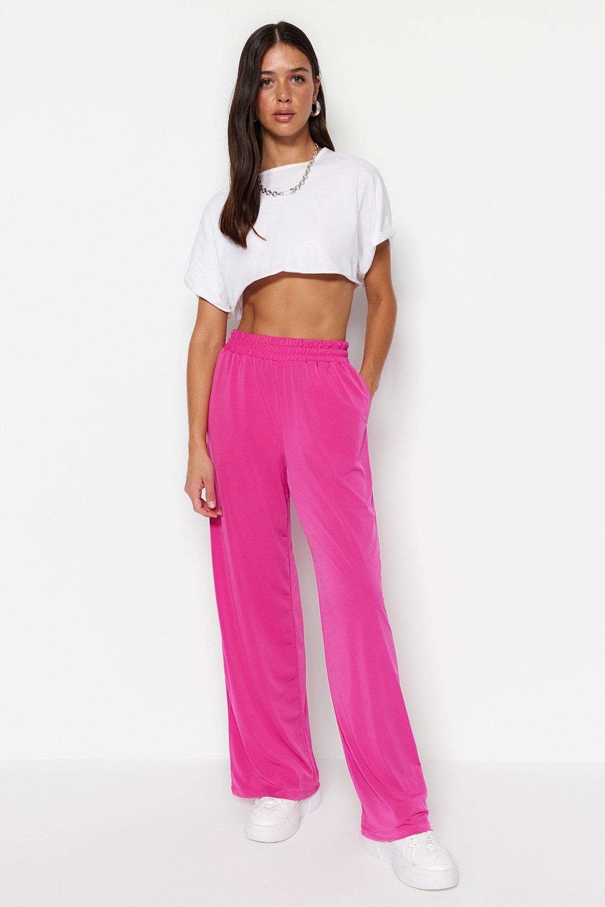 Fuchsia Wide Leg/Comfort Fit High Waist Elastic Knitted Trousers TWOSS23PL00129 - Swordslife