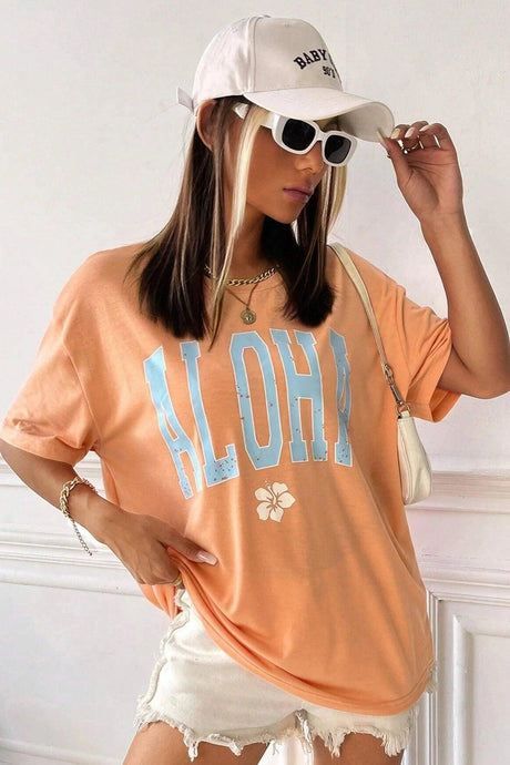 Women's Papaya Aloha Printed Oversize T-shirt - Swordslife
