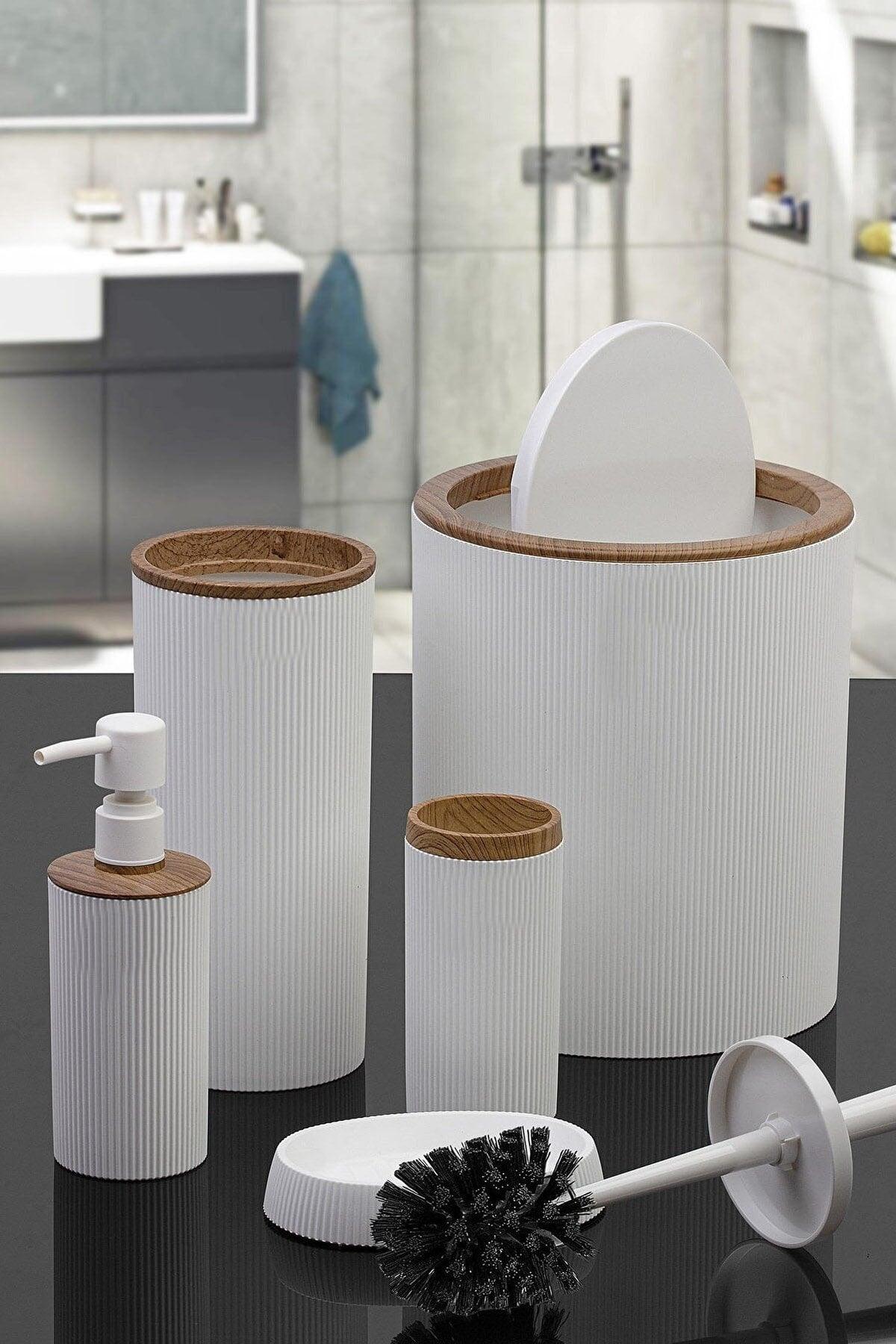 Trash Can Toilet Brush Liquid Soap Dispenser Toothbrush Holder Solid Soap Holder Bathroom Set White Oky-430-3-b - Swordslife