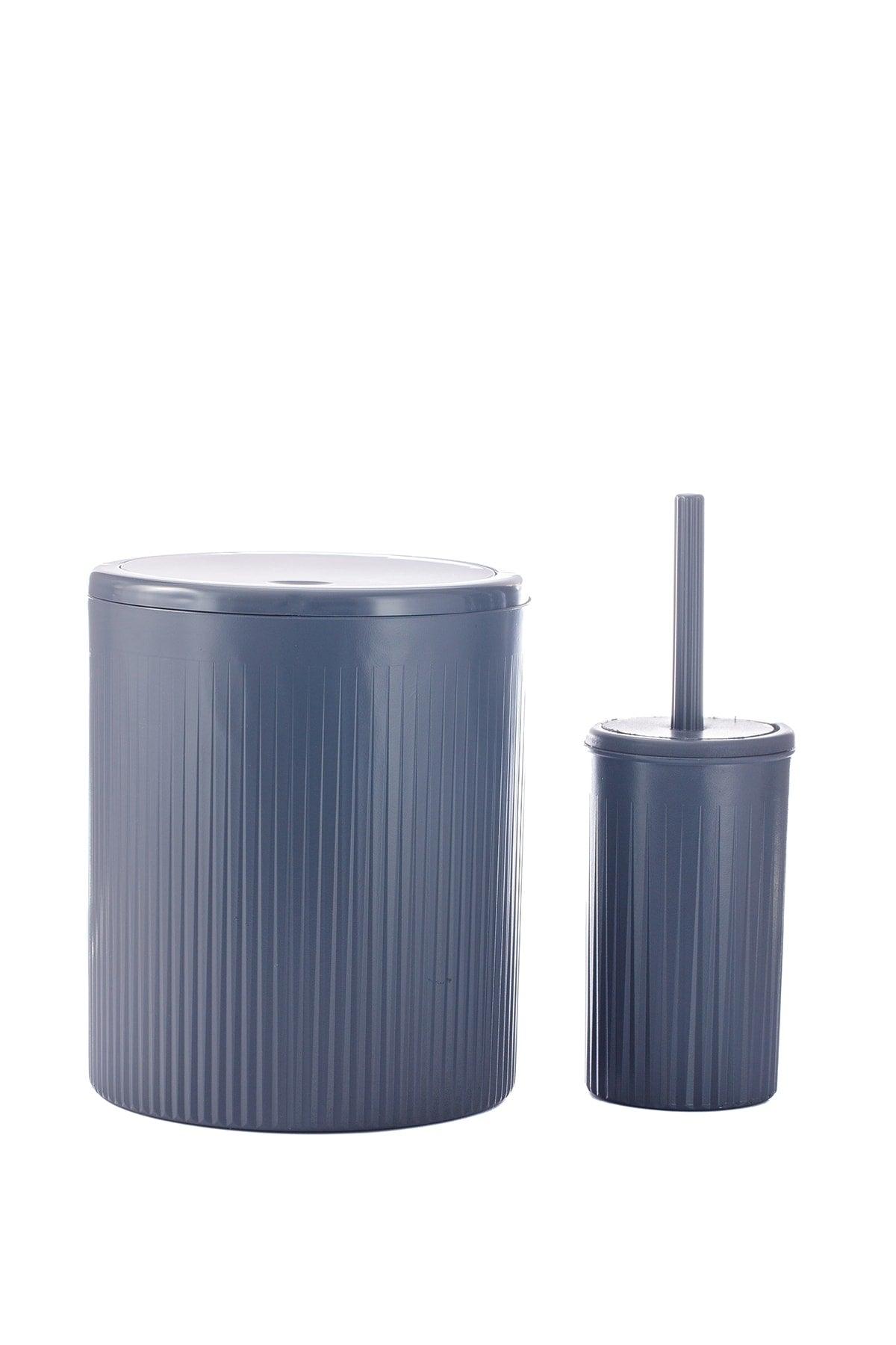 Gray Striped Round 2 Pcs Bathroom Set 2 Pcs Bathroom Set Dustbin Wc Brush Set - Swordslife