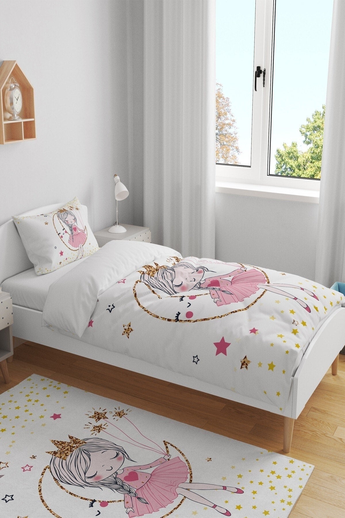 Yellow Star Moon Princess Patterned Single Baby Kids Duvet Cover Set