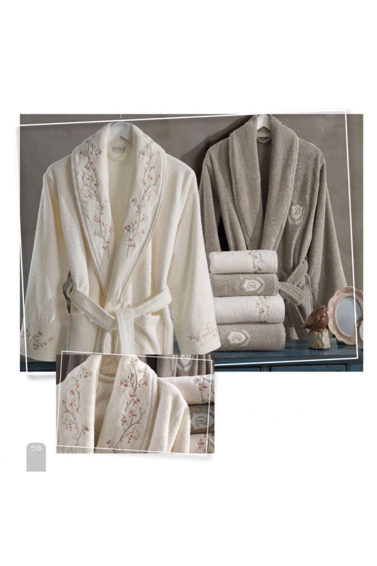 Sarmaşık Cream-beige 100% Cotton Dowry Bathrobe Set - Swordslife