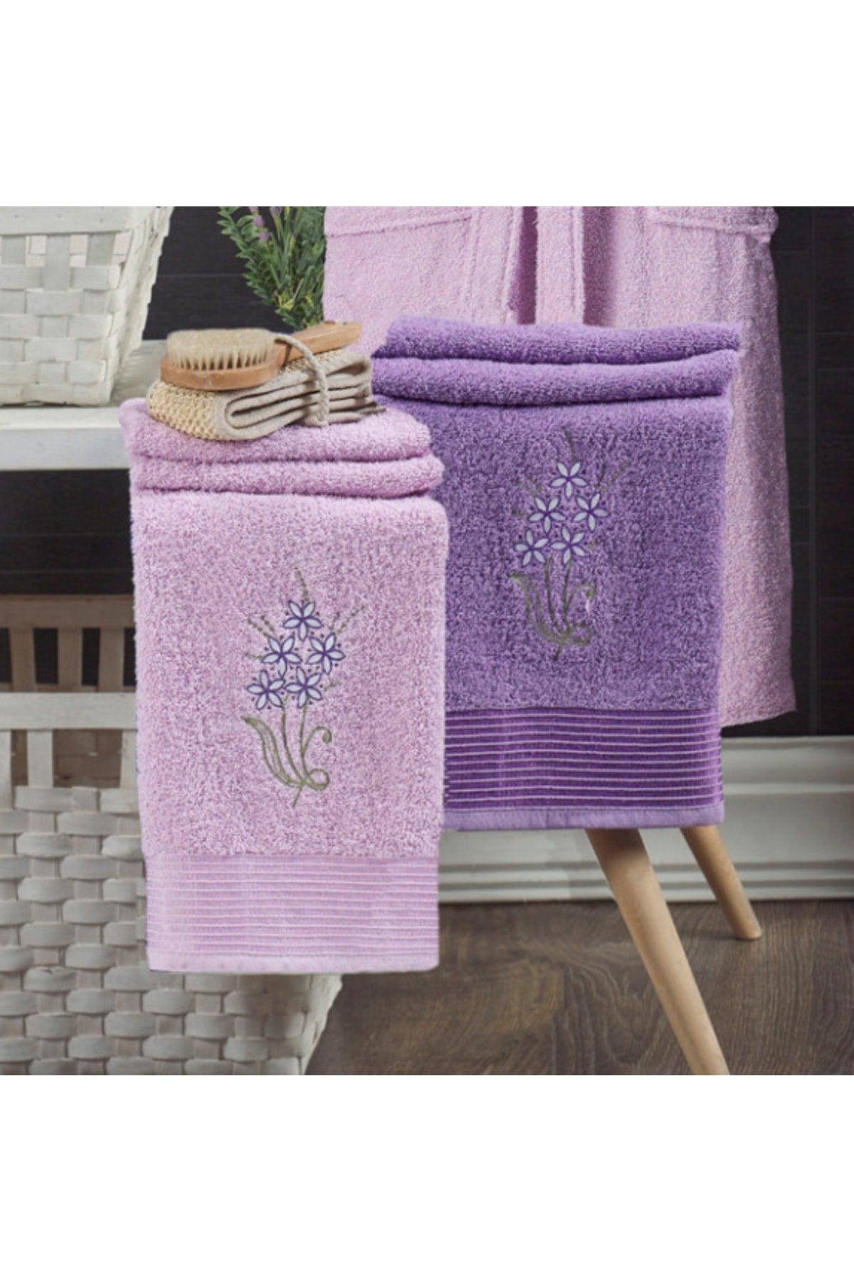 Embroidered Cotton 4-Piece Family Bathrobe Set | Bathrobe Set | Dowry Set | Lilac | Lavender - Swordslife