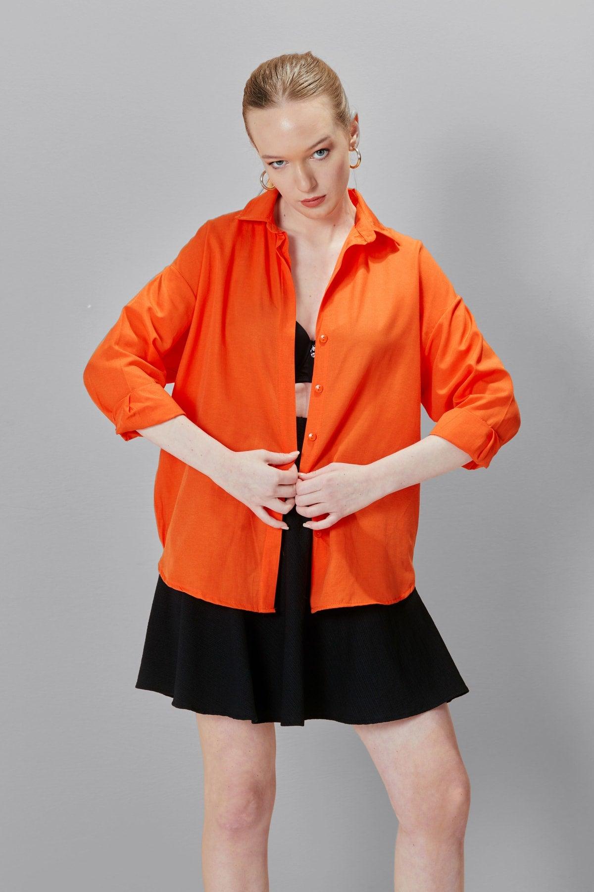 Women's Orange Oversize Long Basic Shirt - Swordslife