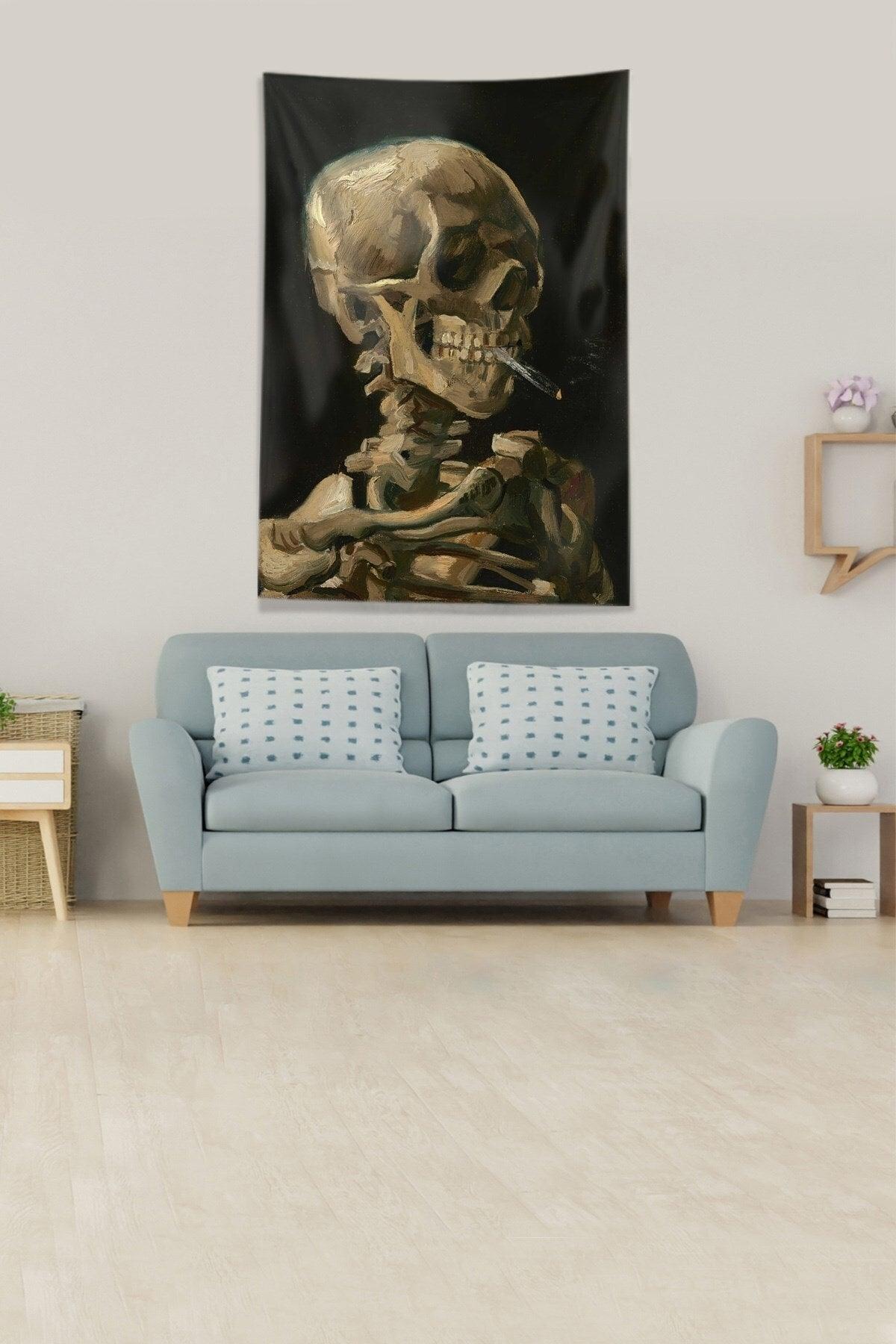 Black Smoking Skeleton Stain Resistant Velvet Fabric Wall Covering Tapestry Tapestry - Swordslife