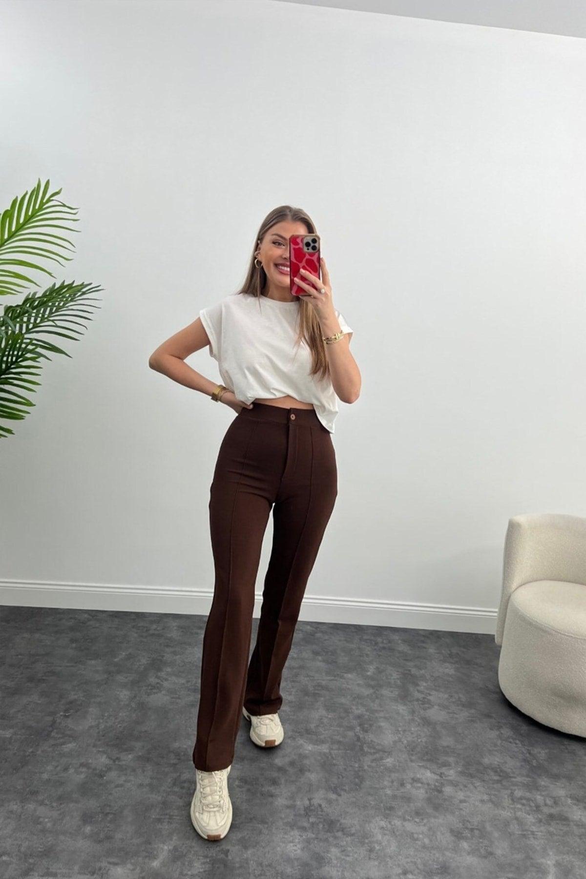 Ultra High Waist Crepe Fabric Lycra Palazzo Trousers Brown - Swordslife