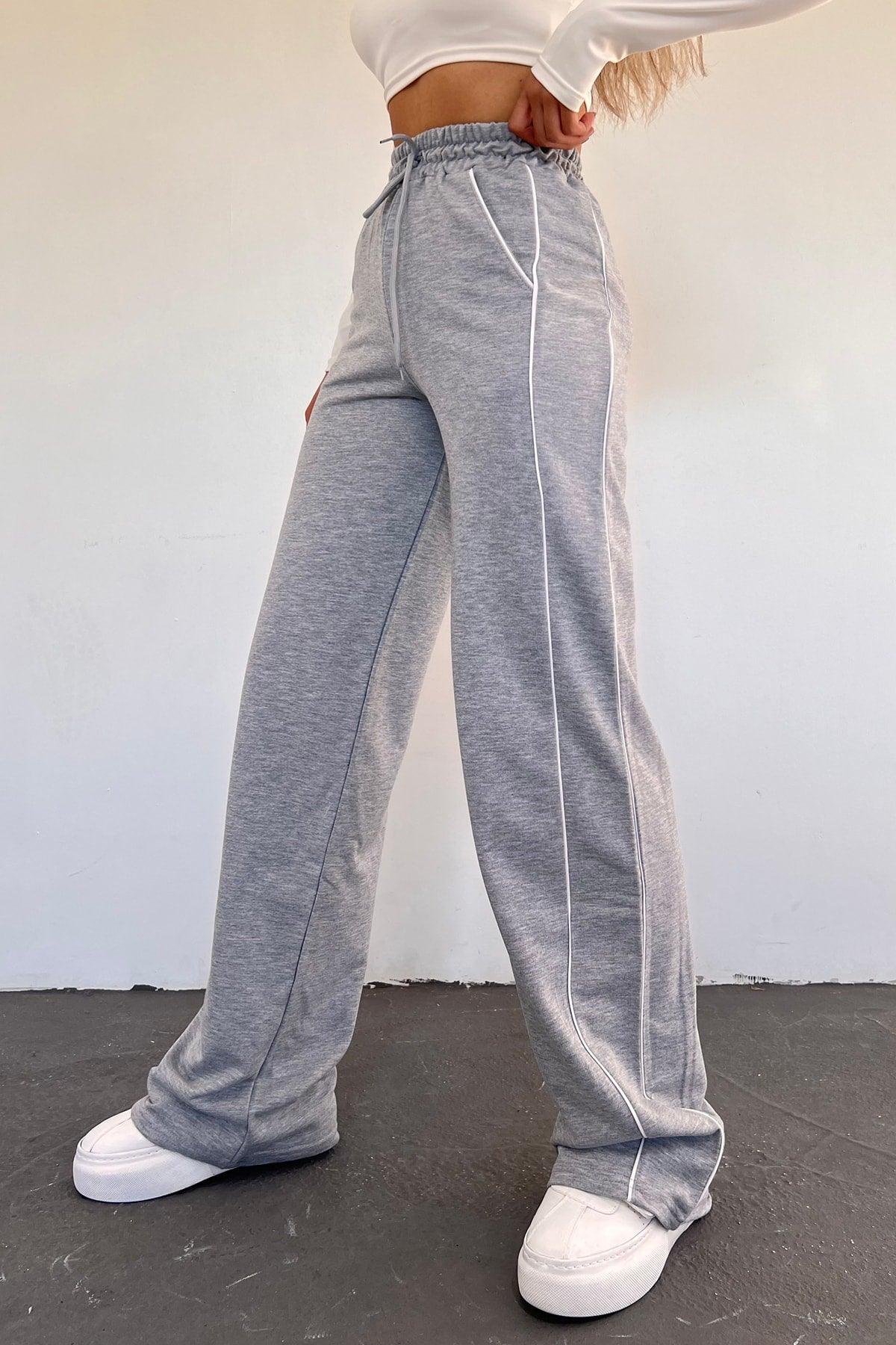 Women's Gray Wide Leg Two Yarn Elastic Waist Sweatpants - Swordslife