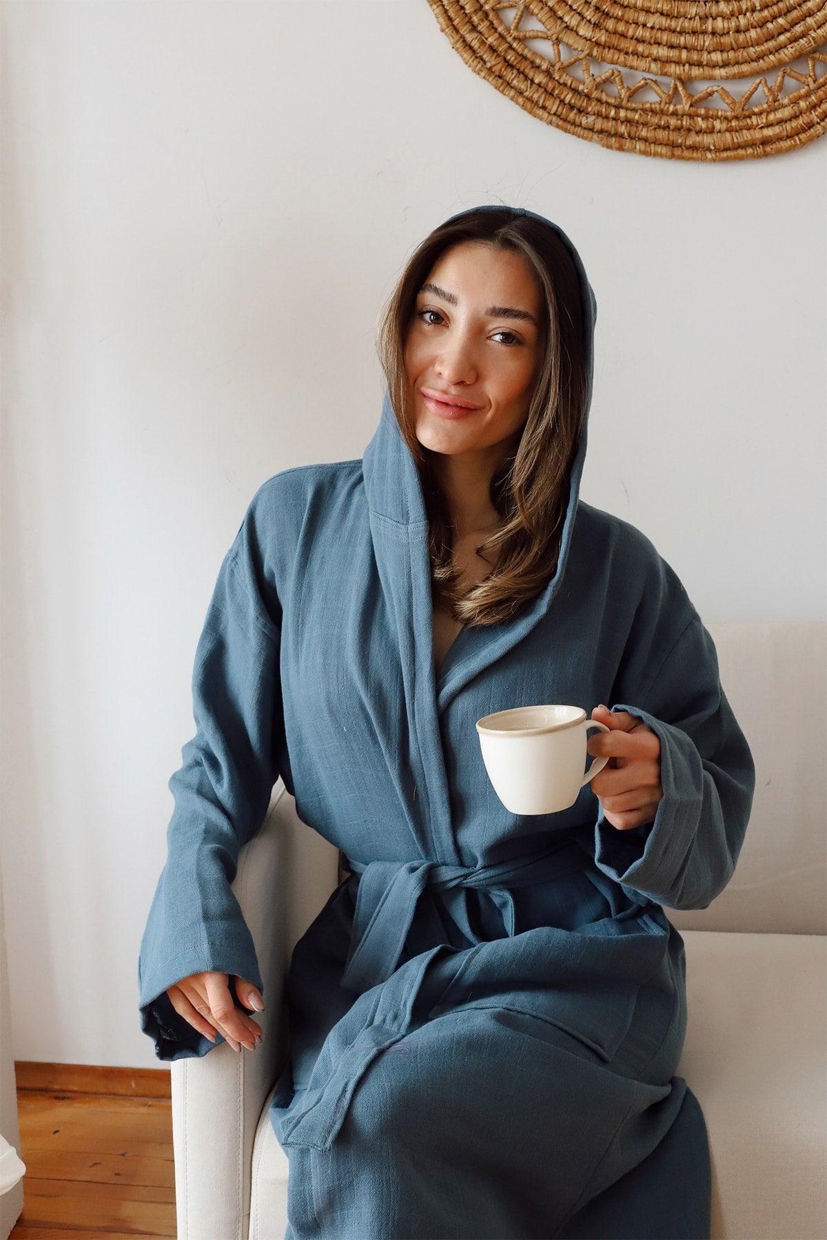 Adult Plain Muslin Bathrobe, Special Design 100% Cotton 2 Layer Hooded Indigo Blue - Swordslife