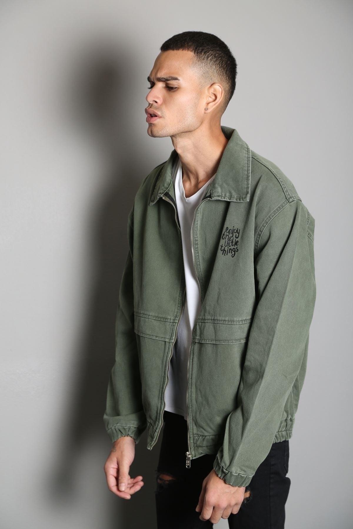 Oversize Khaki Printed Men's Zippered Bomber Denim Jacket - Swordslife