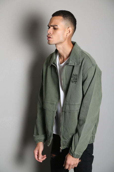 Oversize Khaki Printed Men's Zippered Bomber Denim Jacket - Swordslife