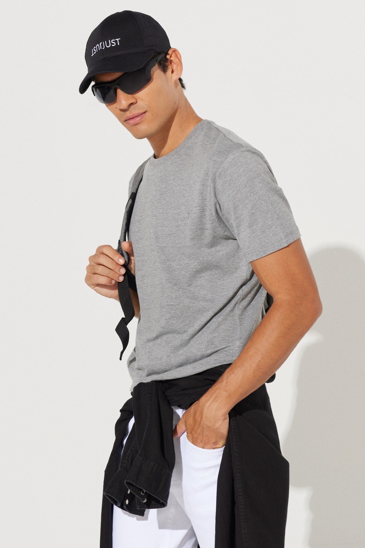 Men'S Anthracite-Melange Slim Fit Slim Fit Cotton Crew Neck Short Sleeved T-Shirt