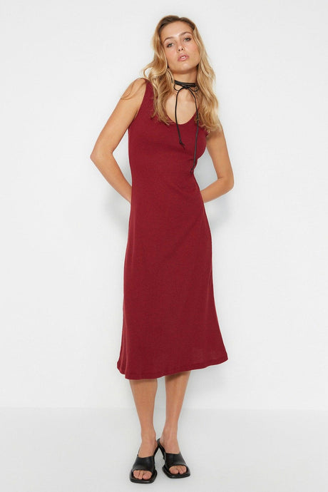 Claret Red Shift/Plain Crew Neck Midi Knitwear Look Knit Dress TWOSS22EL2964 - Swordslife