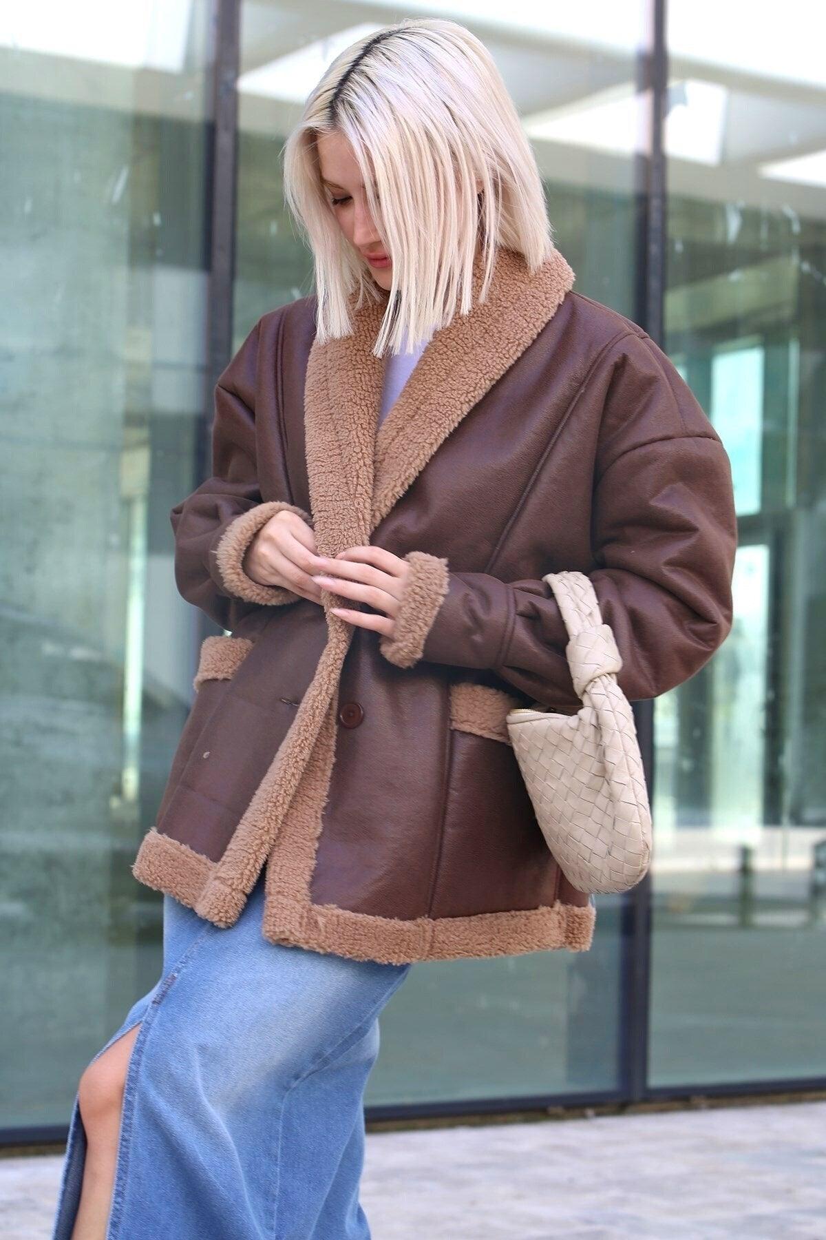 Brown Faux Shearling Biker Coat Mg1329 - Swordslife