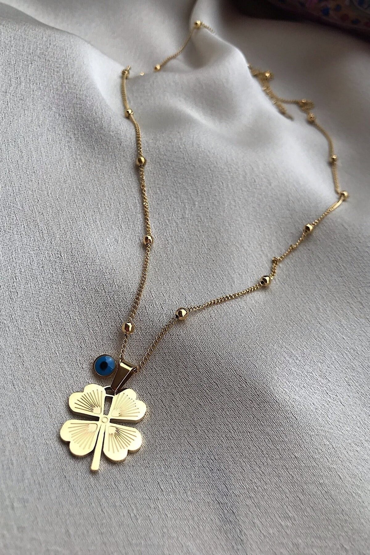 Gold Color 4 Leaf Clover Long Barley Necklace
