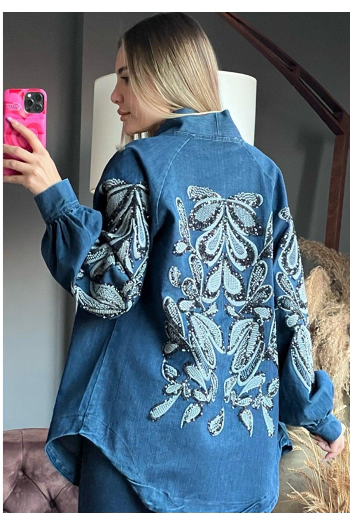 Sleeves Sequin Design Denim Jacket - Swordslife