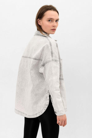 Gray Pocket Slit Detailed Oversize Denim Jacket - Swordslife