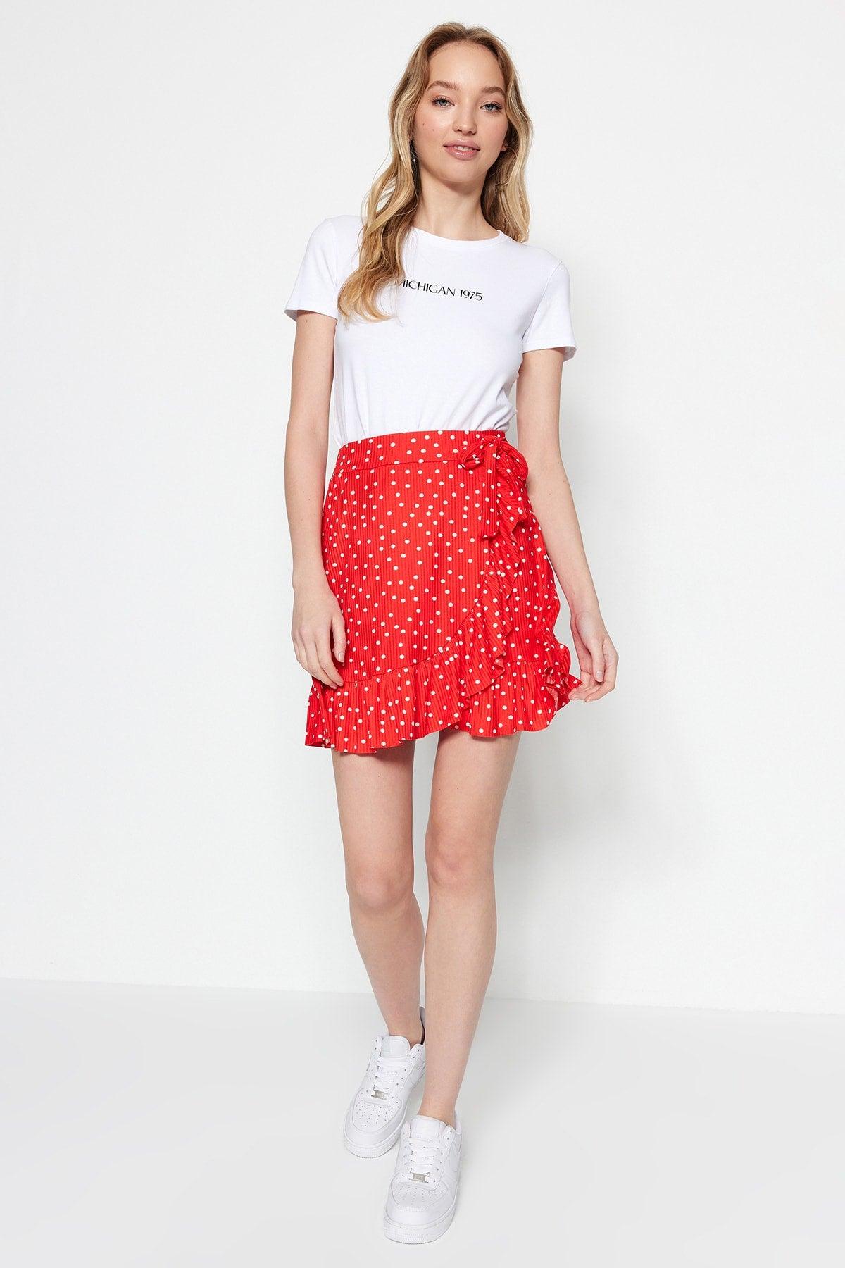 Pomegranate Flower Printed Ruffle High Waist Mini Stretch Knitted Skirt TWOSS21ET0010 - Swordslife