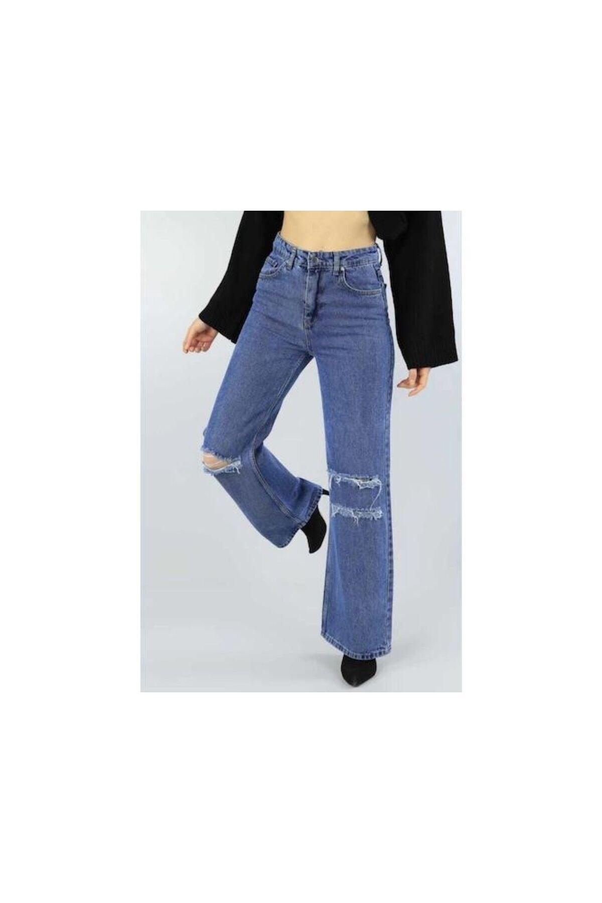 Blue Ripped Palazzo Jeans Denim Trousers - Swordslife