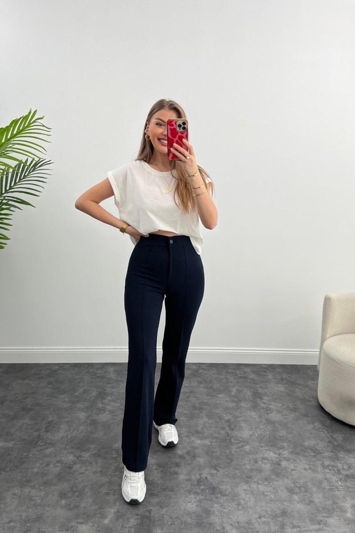 Ultra High Waist Crepe Fabric Lycra Palazzo Trousers Navy Blue - Swordslife