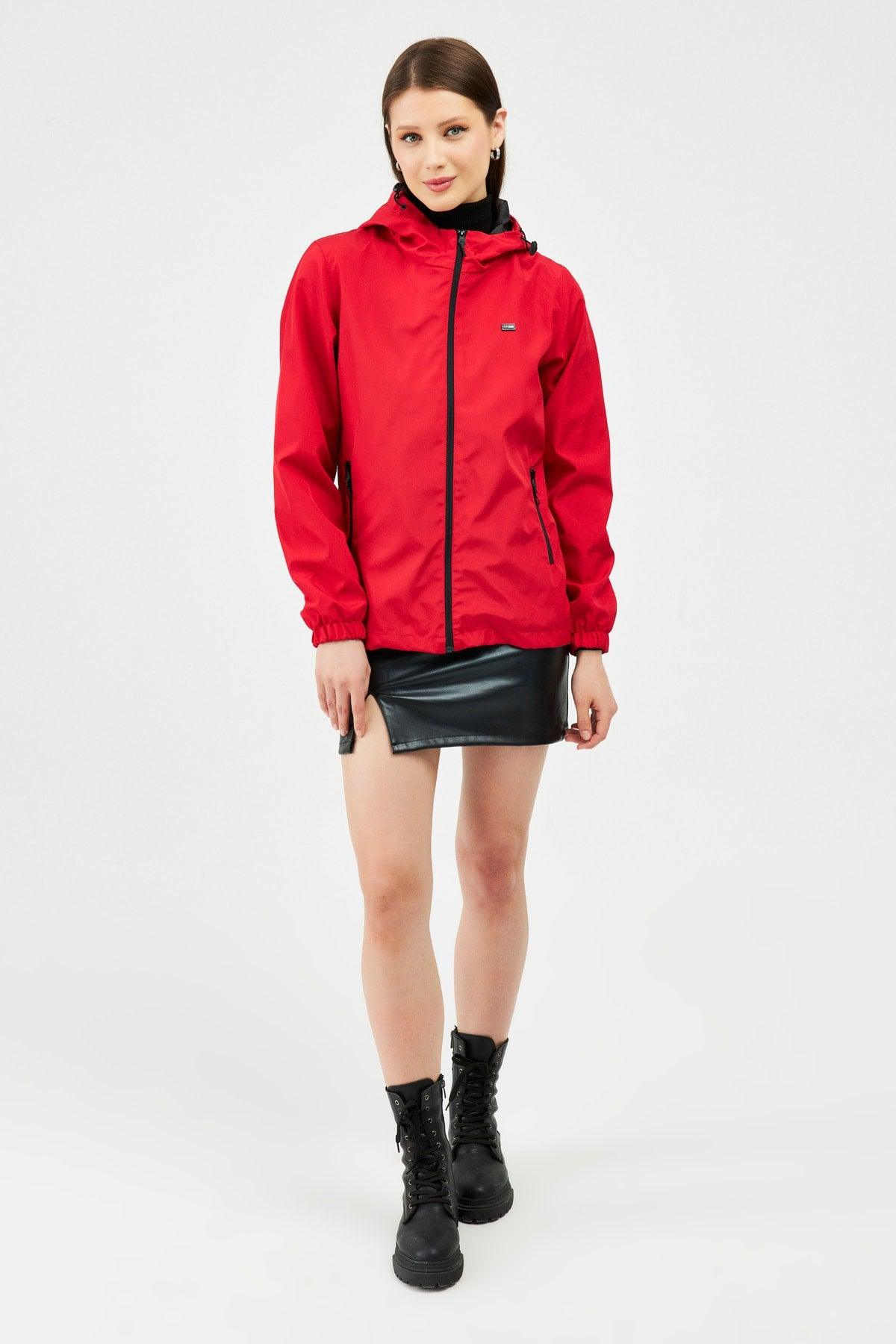 Women's Red Inner Lined Waterproof Hooded Raincoat with Pocket - Windbreaker Jacket - Swordslife