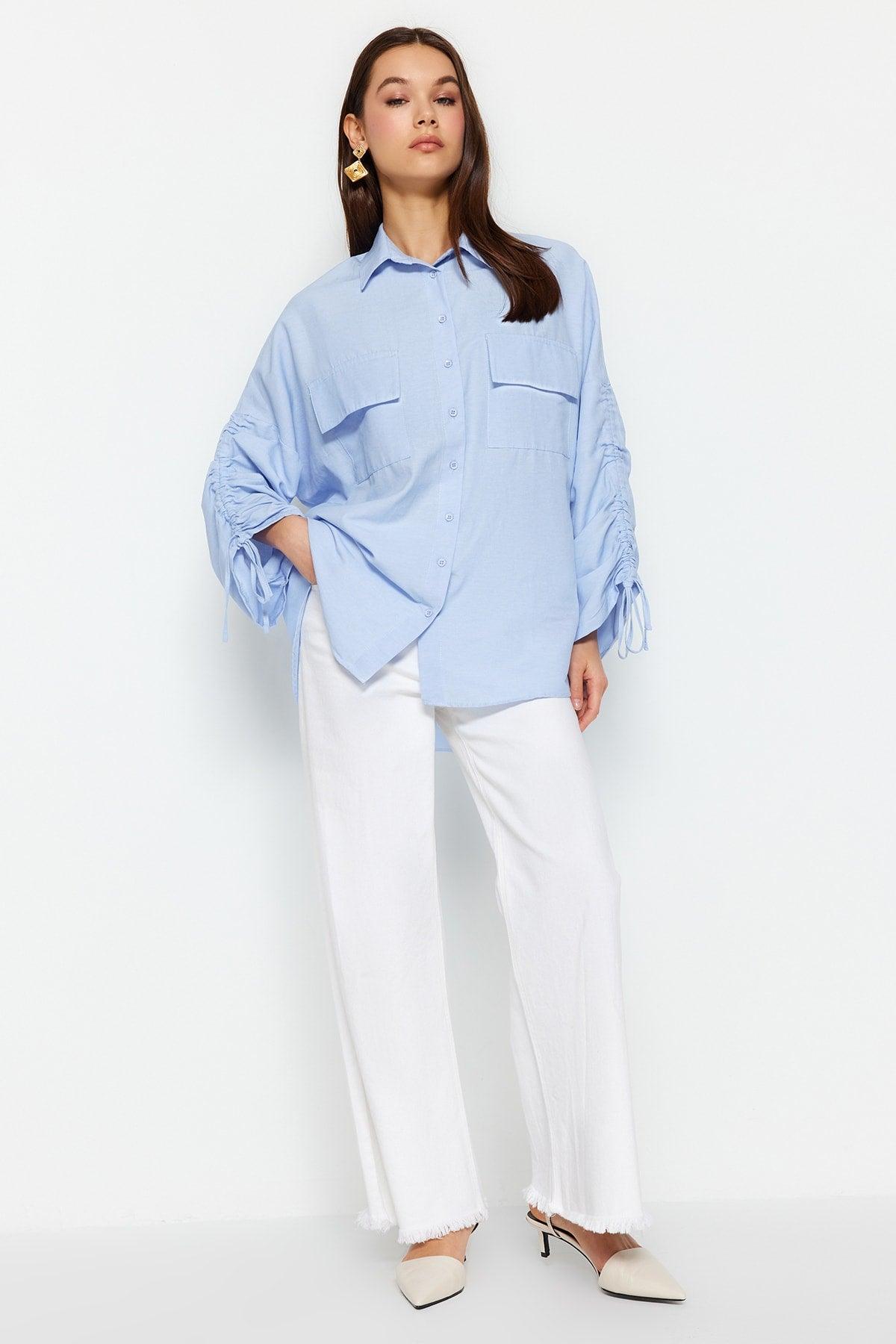 Light Blue Sleeves Adjustable Ruffle Detailed Woven Cotton Shirt TCTSS23TG00011 - Swordslife