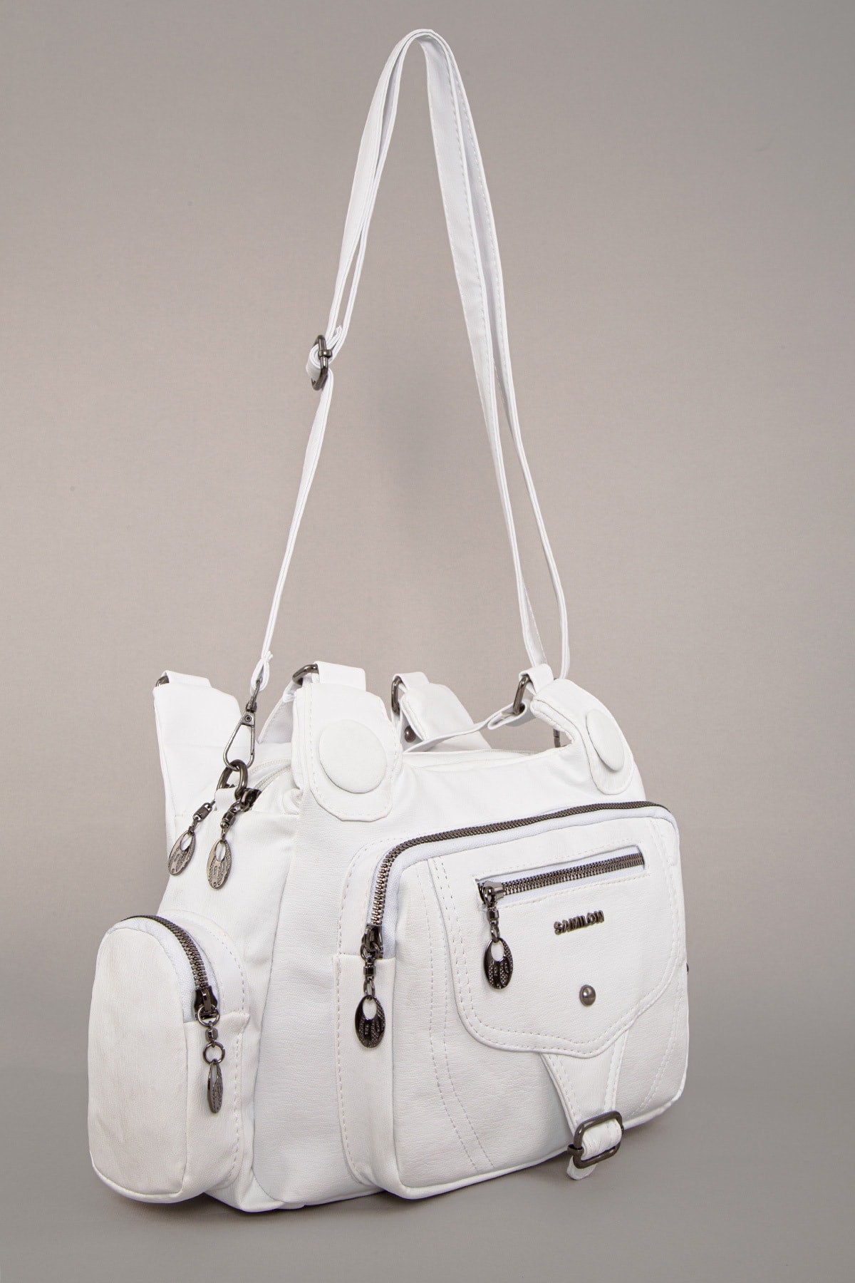 Women's White Wash Leather Multi-Section Shoulder And Hand Bag