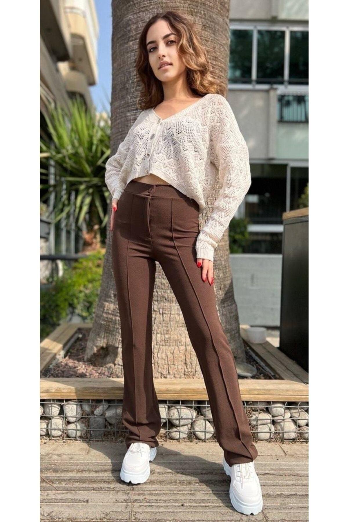 Women's Brown Crepe Fabric Lycra Front Grassed Spanish Leg Palazzo Pants - Swordslife