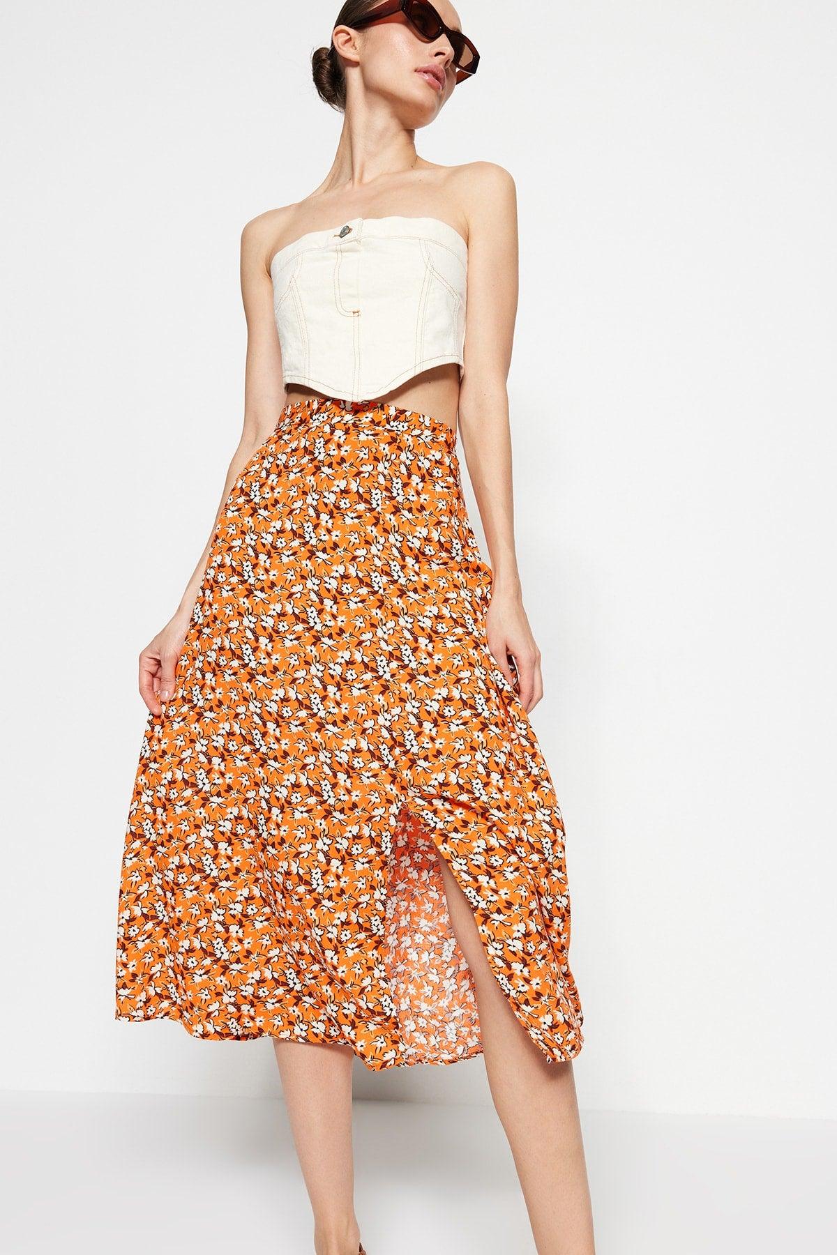 Orange Midi Woven Slit Detailed Viscose Fabric Floral Patterned Skirt TWOSS20ET0230 - Swordslife