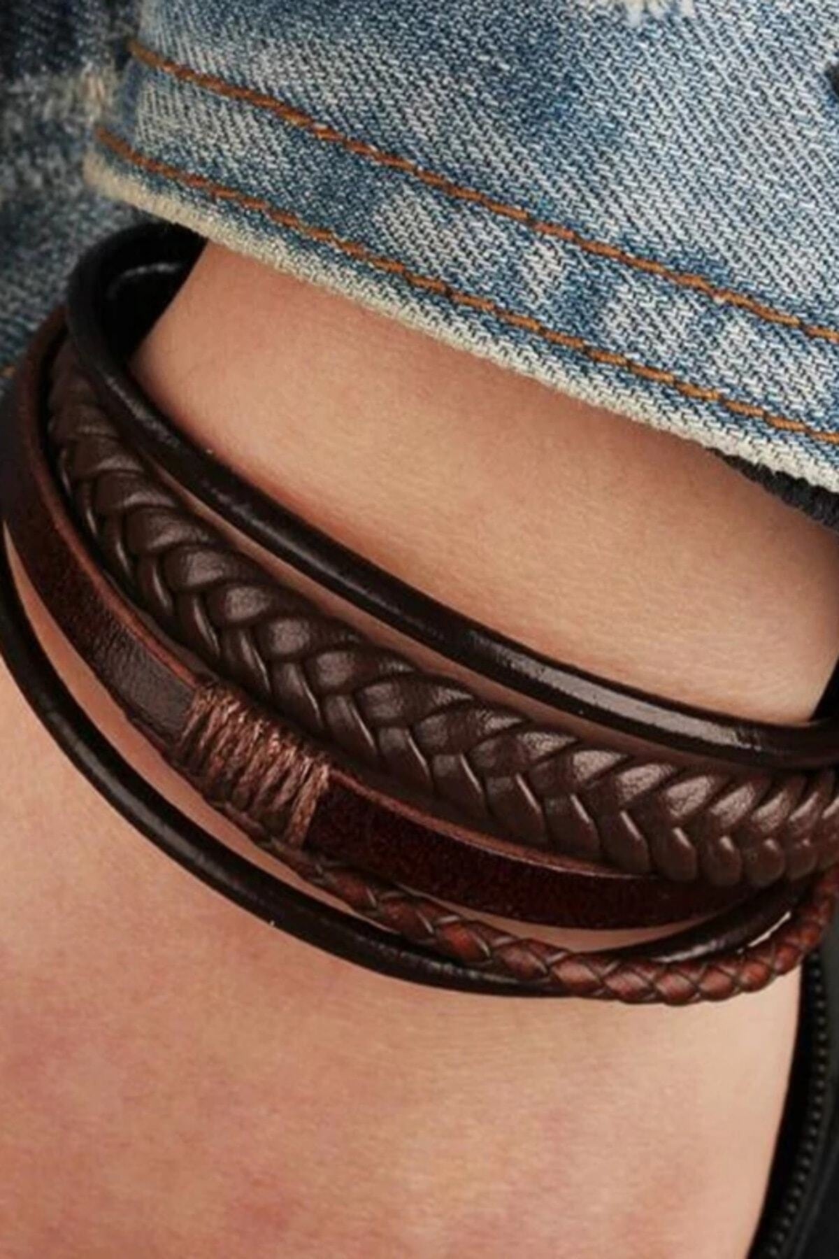 Men'S Genuine Leather Bracelet Brown Color Magnetic Clasp Braided Bracelet