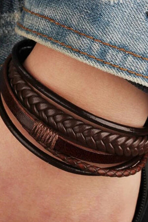 Men'S Genuine Leather Bracelet Brown Color Magnetic Clasp Braided Bracelet
