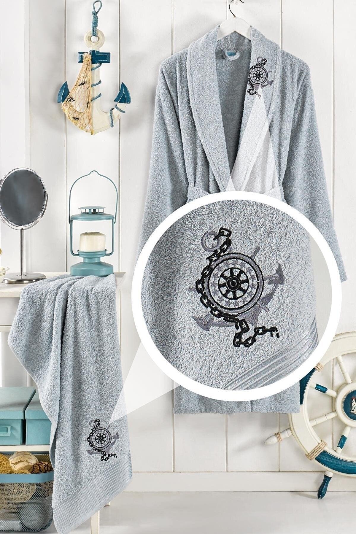 2 Pcs Cotton Embroidered Towel Bathrobe Set - Swordslife