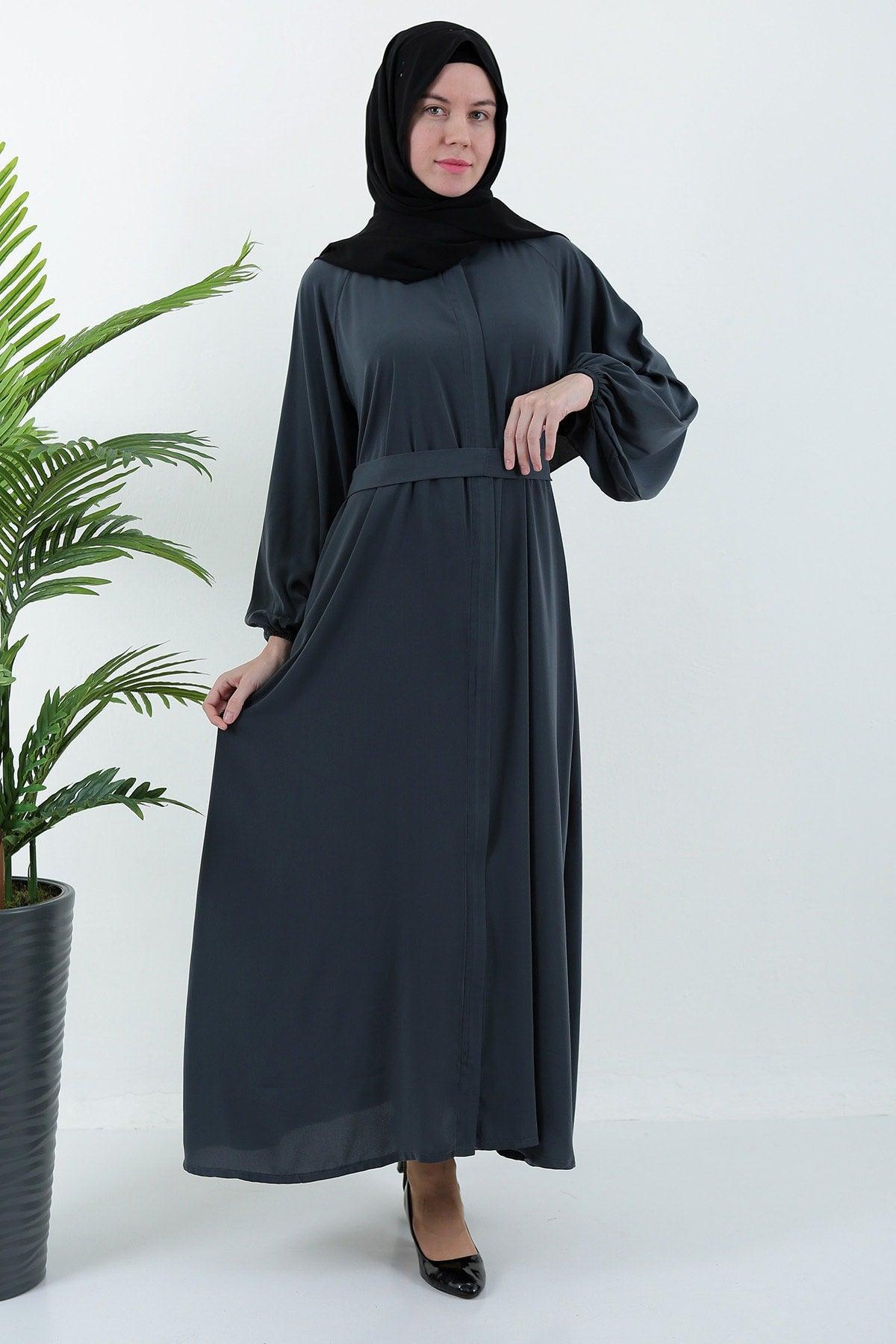 Gray Plaid Zippered Belted Pocket Abaya Hijab - Swordslife