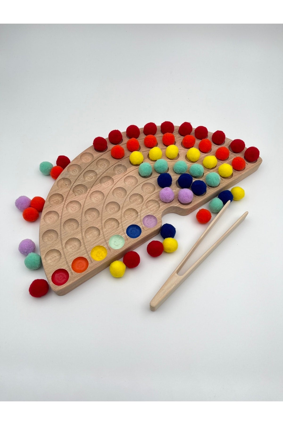 Montessori Educational Wooden Toy – Wooden Rainbow And Colorful Felt Balls