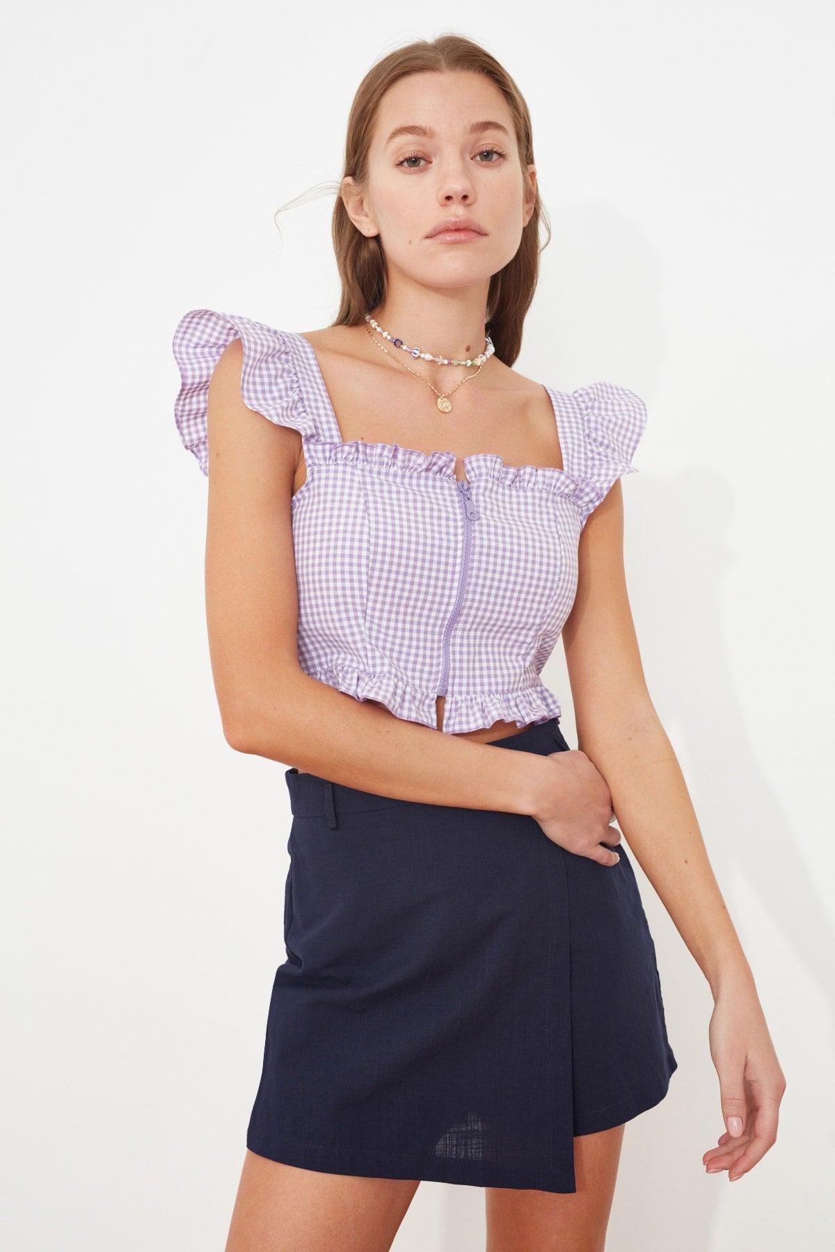 Lilac Fitted Woven Crop Zipper Detail Gingham Blouse TWOSS21BZ1366 - Swordslife