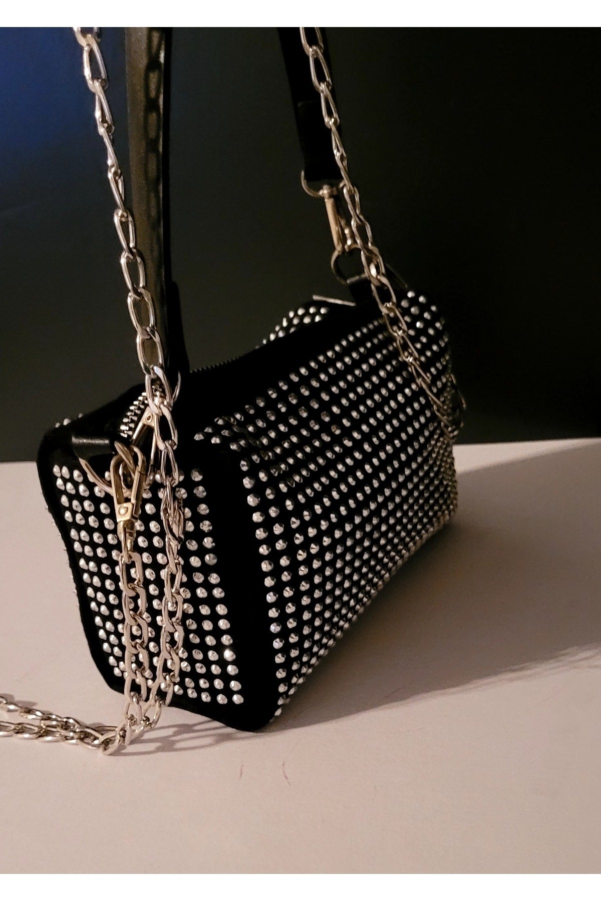 Bhm Mini Black Stone Nubuck Chain Hand And Shoulder Bag