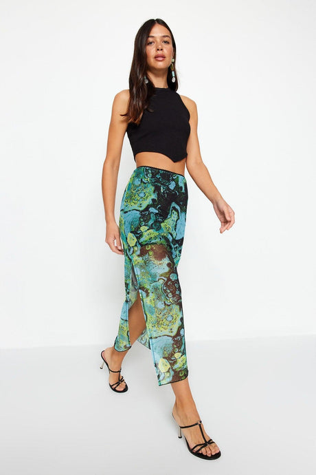 Blue Patterned Maxi Length Lace Detailed Tulle Stretch Knitted Skirt TWOSS23ET00369 - Swordslife