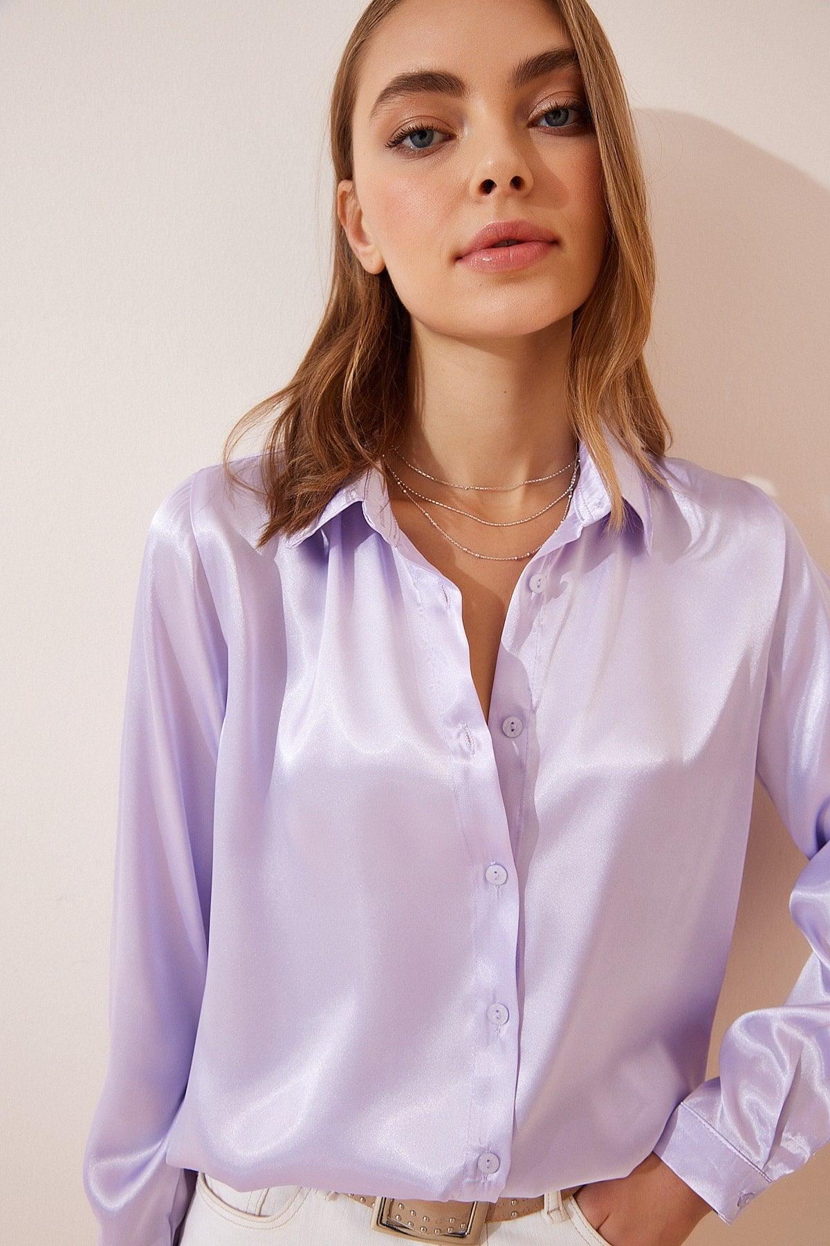 Women's Lilac Lightly Flowy Satin Shirt DD00990 - Swordslife