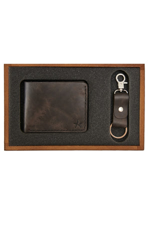 Men'S Black 100% Genuine Leather Wallet Keychain