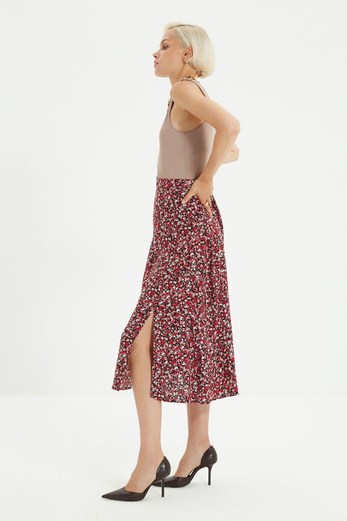 Multicolored Midi Woven Slit Detailed Floral Skirt TWOSS20ET0230 - Swordslife