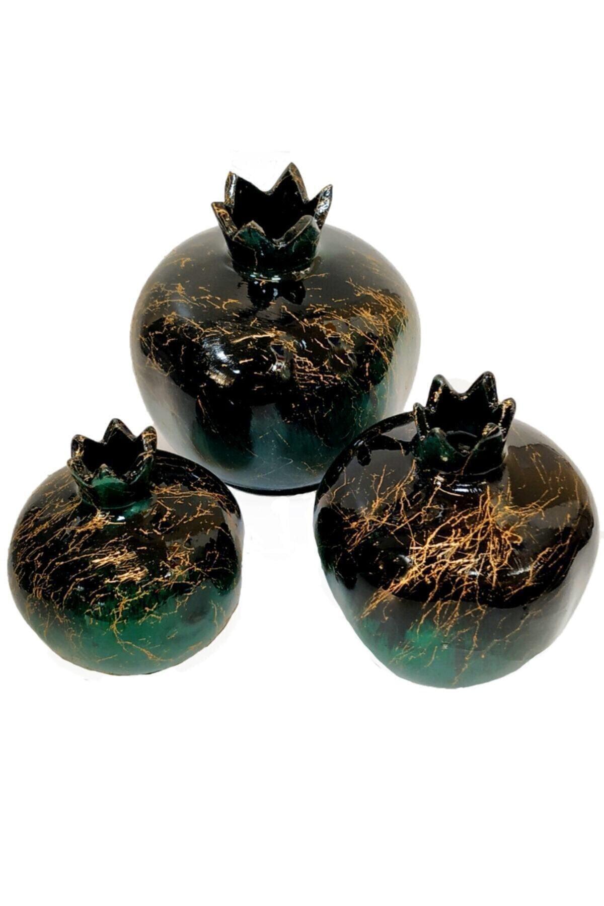 Set of 3 Tile Pomegranate Emerald Green Black Patterned - Swordslife