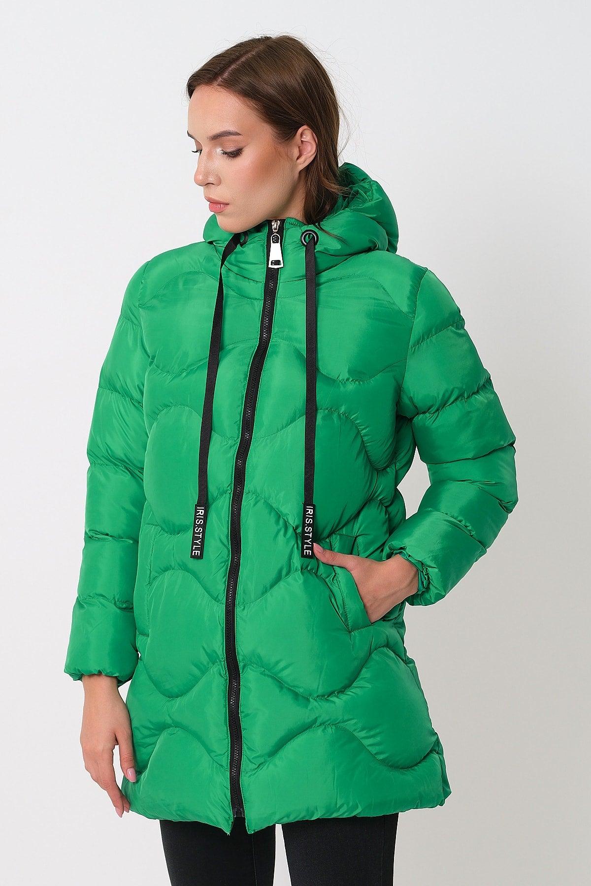 Women's Green Hooded Cord Detailed Down Jacket - Swordslife